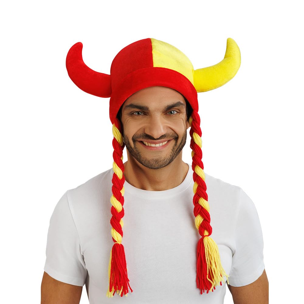 Chaks - Casque avec cornes et tresses, accessoire de déguisement pour supporters, casque en tissu pour tenues de supporters lors de la Coupe du monde, du Championnat d’Europe