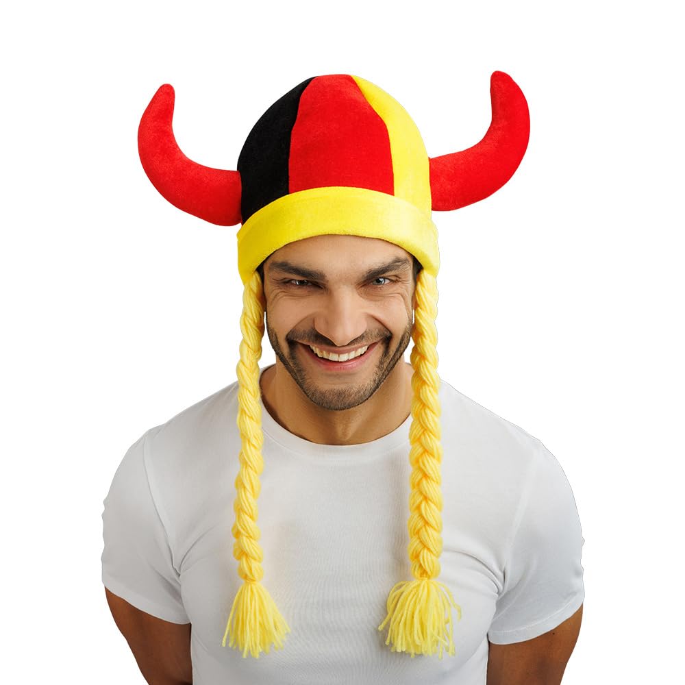 Chaks - Casque avec cornes et tresses, accessoire de déguisement pour supporters, casque en tissu pour tenues de supporters lors de la Coupe du monde, du Championnat d’Europe