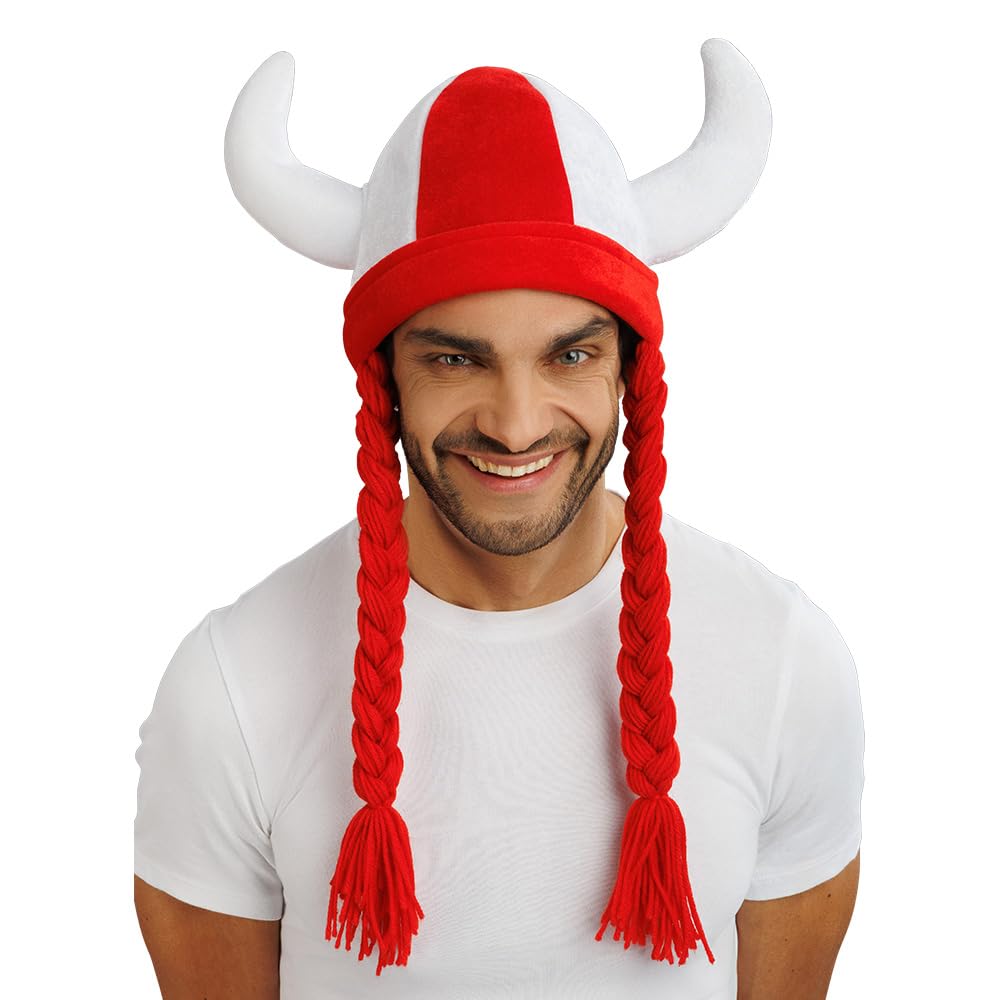 Chaks - Casque avec cornes et tresses, accessoire de déguisement pour supporters, casque en tissu pour tenues de supporters lors de la Coupe du monde, du Championnat d’Europe