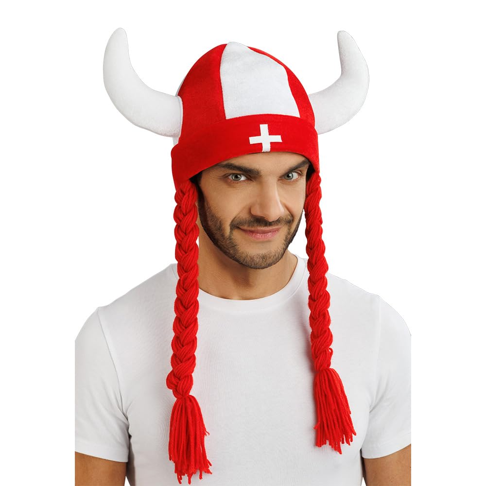 Chaks - Casque avec cornes et tresses, accessoire de déguisement pour supporters, casque en tissu pour tenues de supporters lors de la Coupe du monde, du Championnat d’Europe