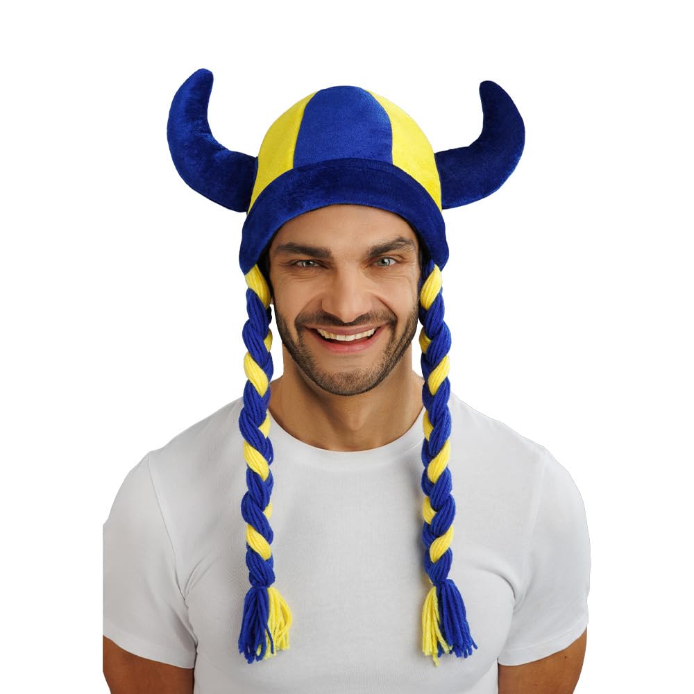 Chaks - Casque avec cornes et tresses, accessoire de déguisement pour supporters, casque en tissu pour tenues de supporters lors de la Coupe du monde, du Championnat d’Europe