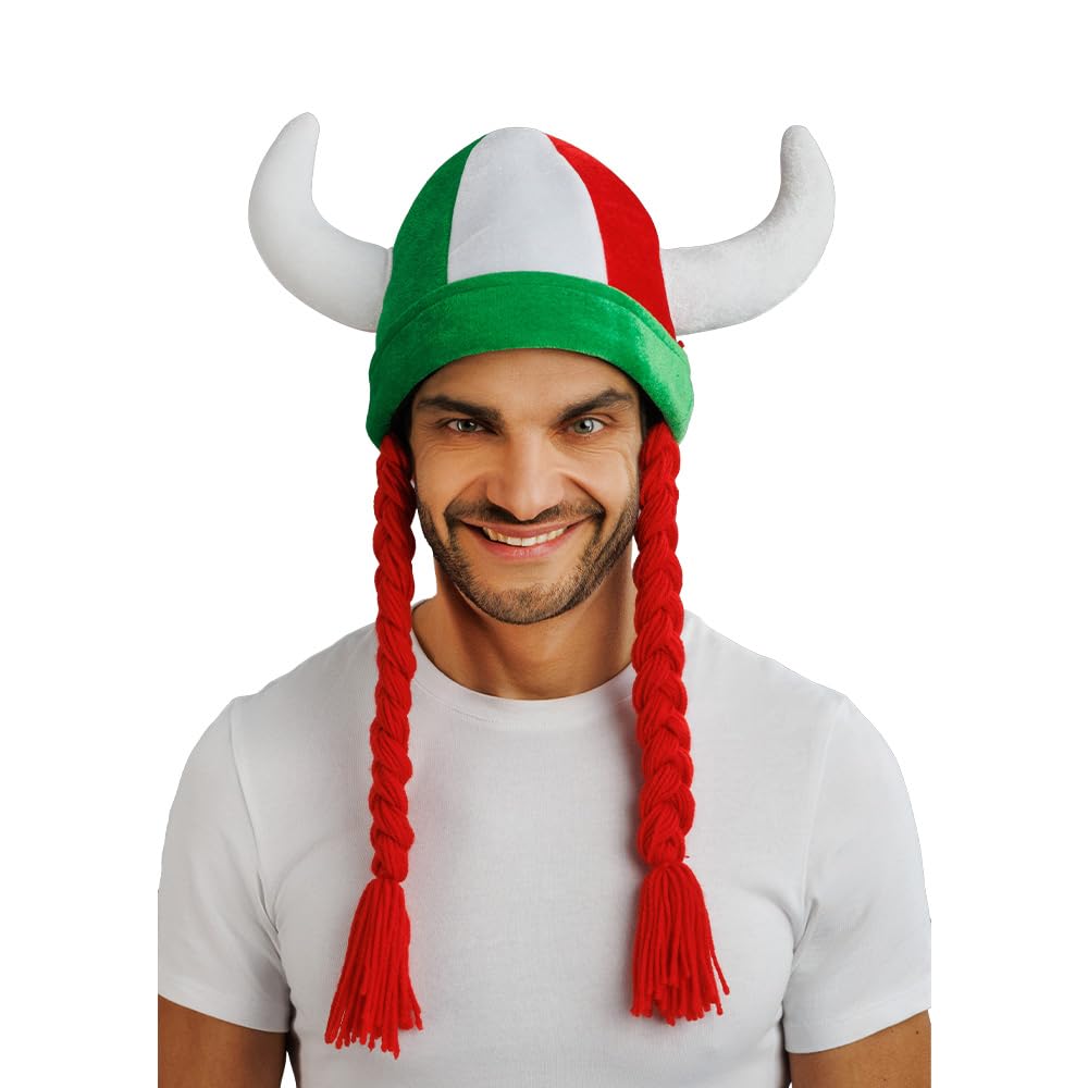 Chaks - Casque avec cornes et tresses, accessoire de déguisement pour supporters, casque en tissu pour tenues de supporters lors de la Coupe du monde, du Championnat d’Europe