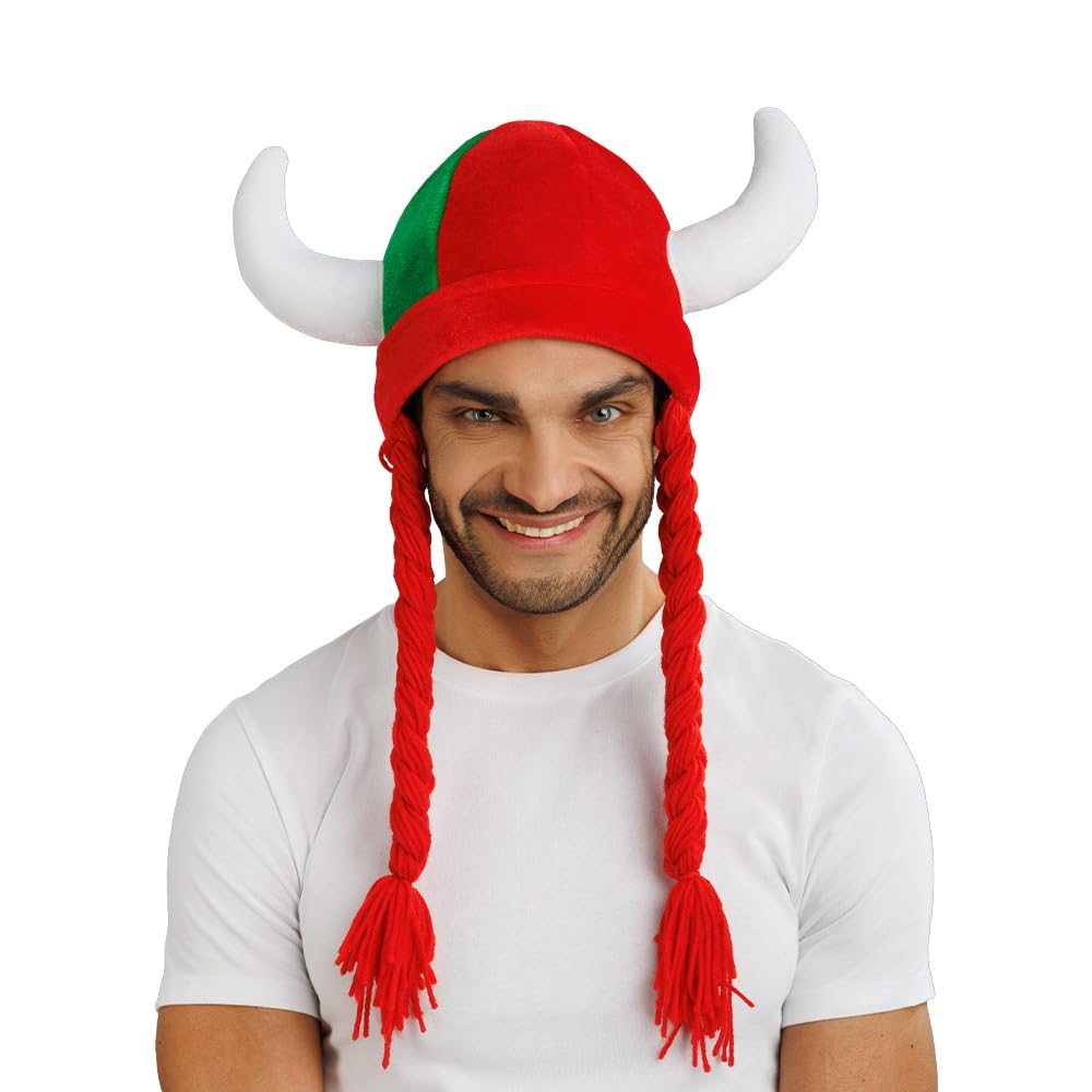 Chaks - Casque avec cornes et tresses, accessoire de déguisement pour supporters, casque en tissu pour tenues de supporters lors de la Coupe du monde, du Championnat d’Europe