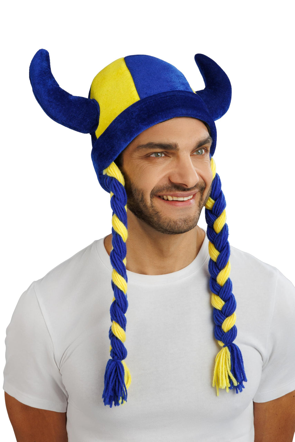 Chaks - Casque avec cornes et tresses, accessoire de déguisement pour supporters, casque en tissu pour tenues de supporters lors de la Coupe du monde, du Championnat d’Europe