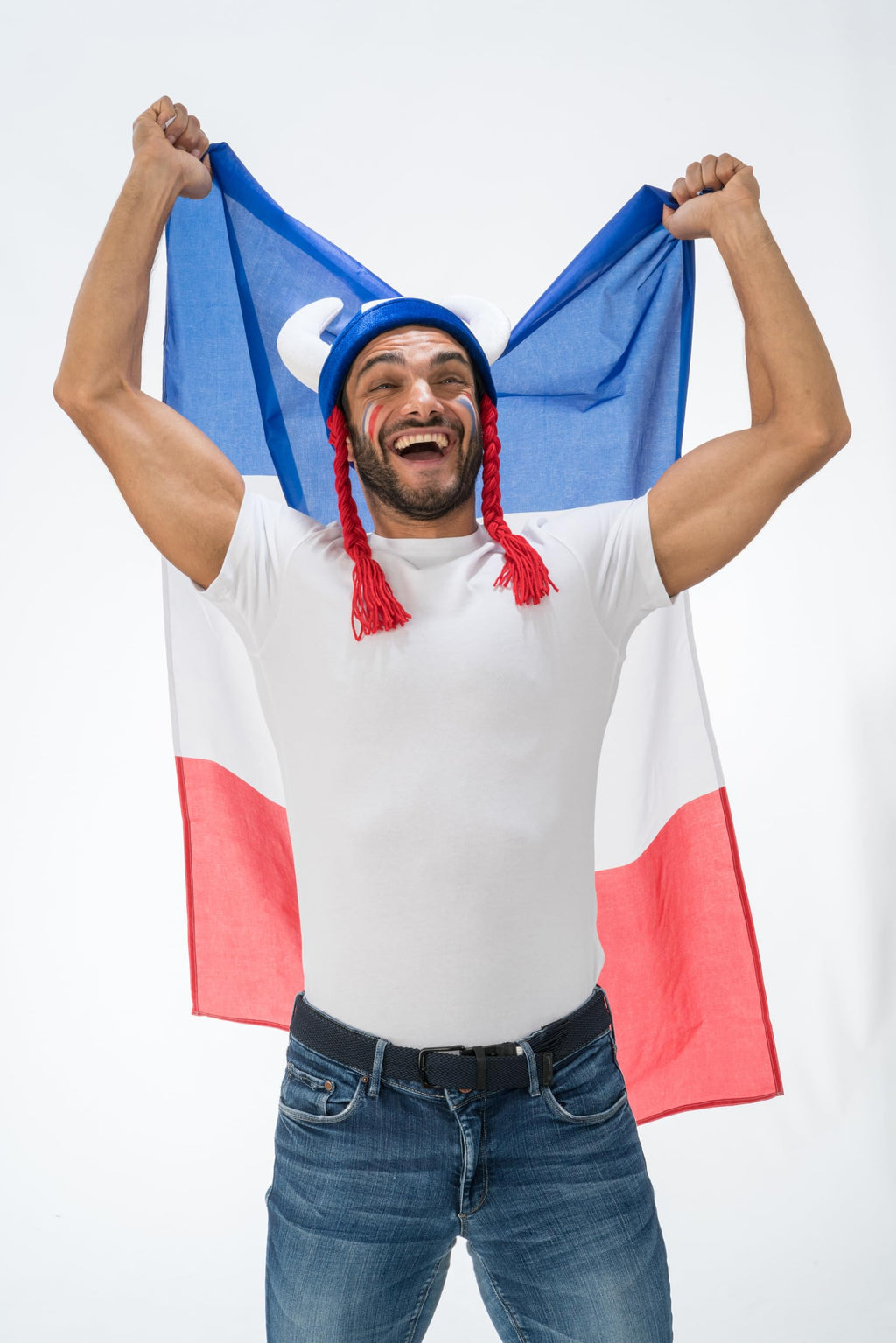 Chaks - Casque avec cornes et tresses, accessoire de déguisement pour supporters, casque en tissu pour tenues de supporters lors de la Coupe du monde, du Championnat d’Europe