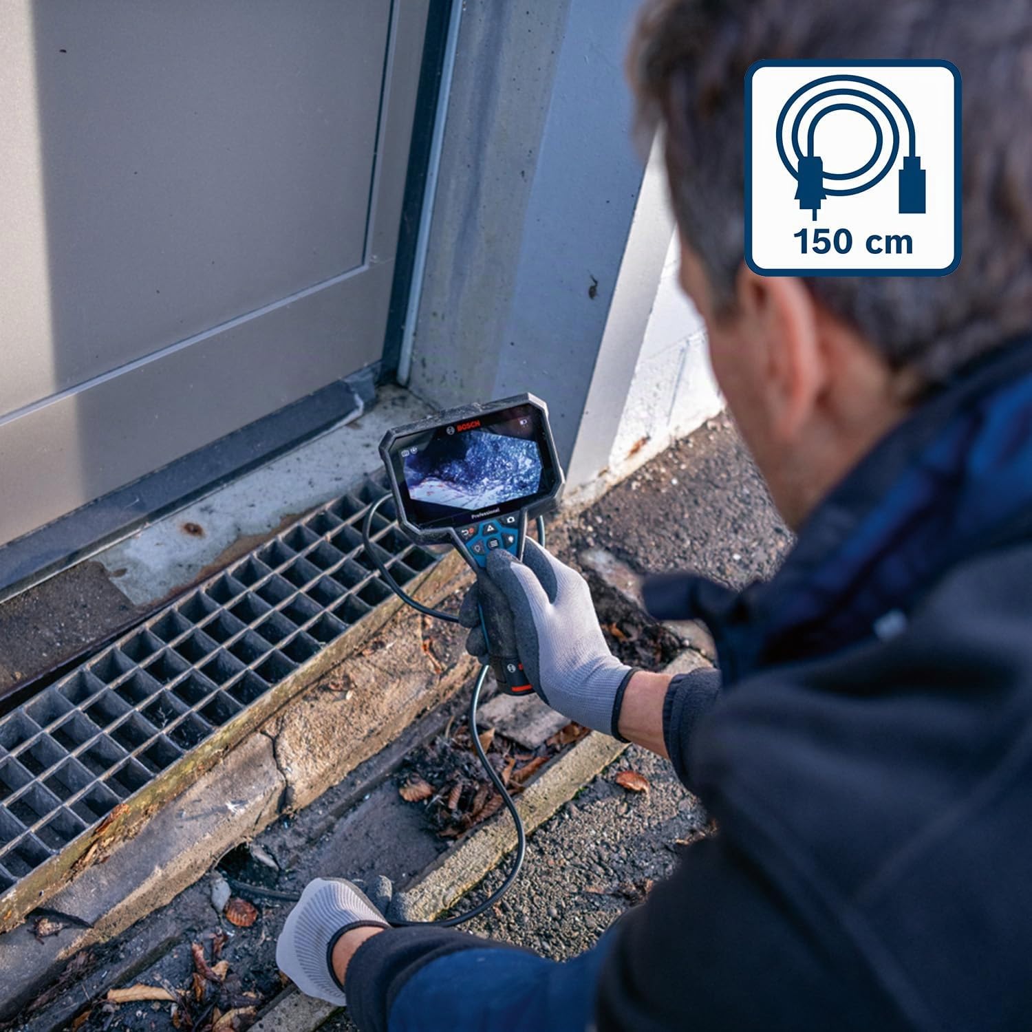 Caméra d'inspection Bosch Professional GIC 12V-5-27 C (Longueur du câble : 150 cm, Fonction Orientation AutoUp, Affichage Haute résolution : écran 5’’, 1280 x 720 px, Coffret L-boxx)