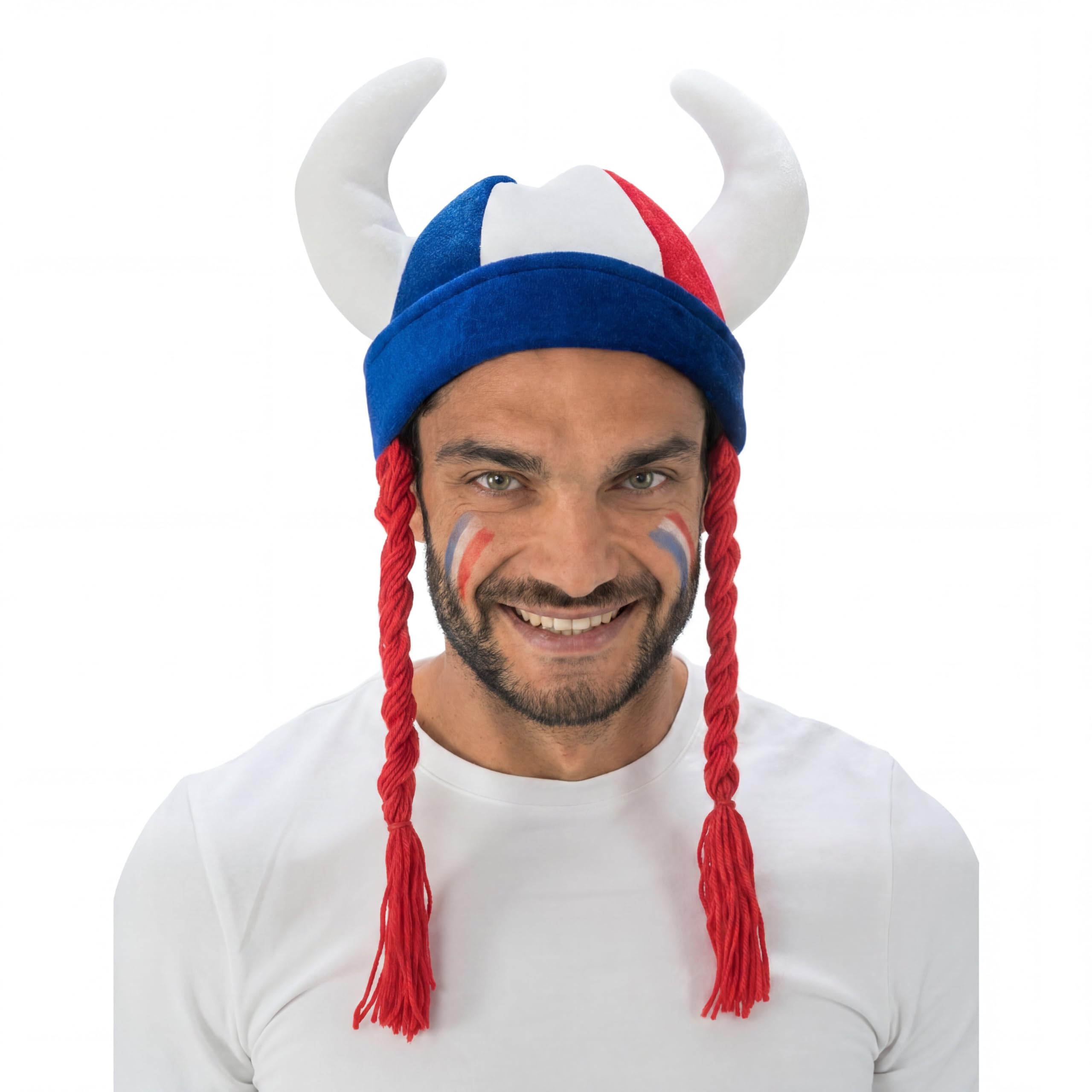 Chaks - Casque avec cornes et tresses, accessoire de déguisement pour supporters, casque en tissu pour tenues de supporters lors de la Coupe du monde, du Championnat d’Europe