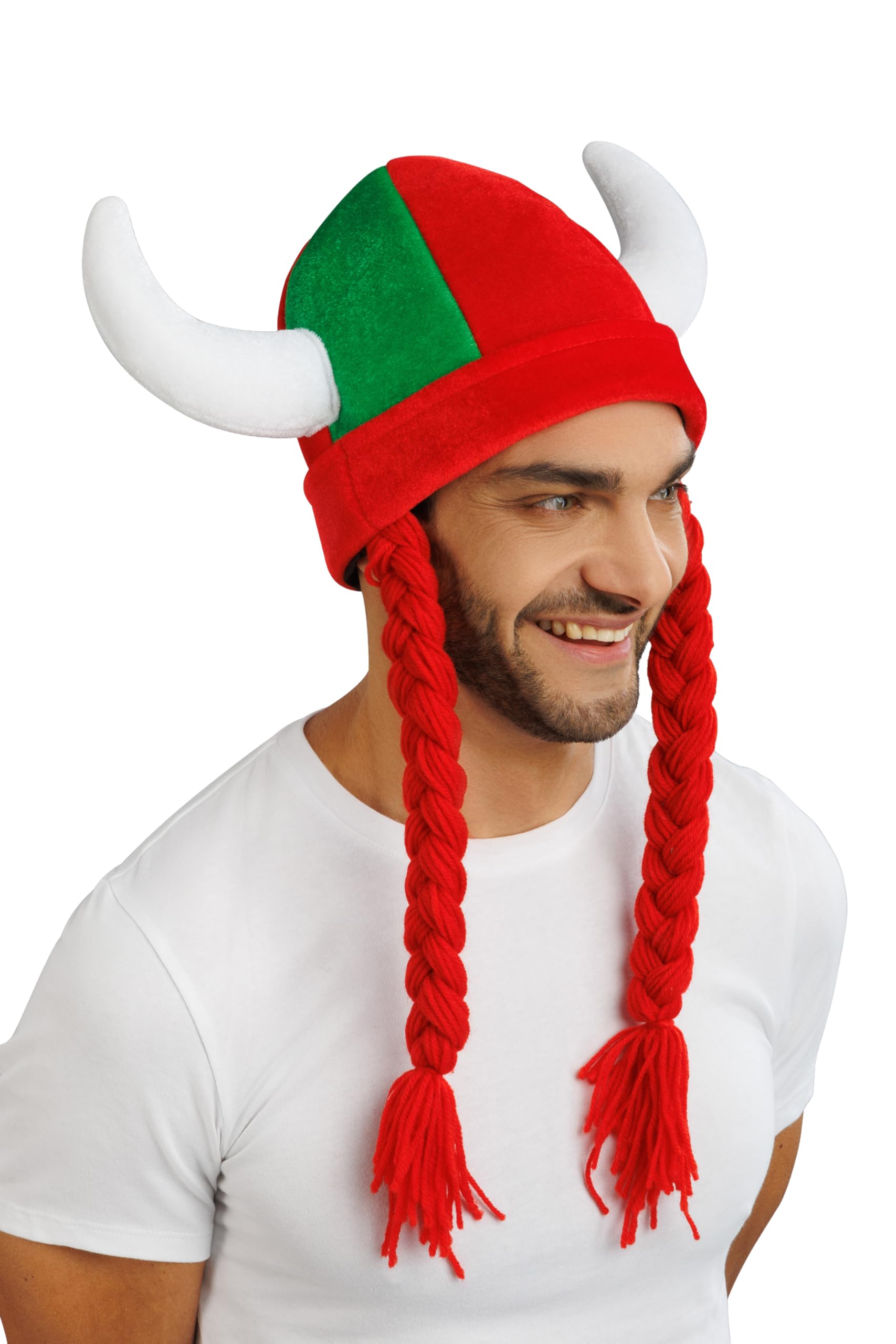 Chaks - Casque avec cornes et tresses, accessoire de déguisement pour supporters, casque en tissu pour tenues de supporters lors de la Coupe du monde, du Championnat d’Europe