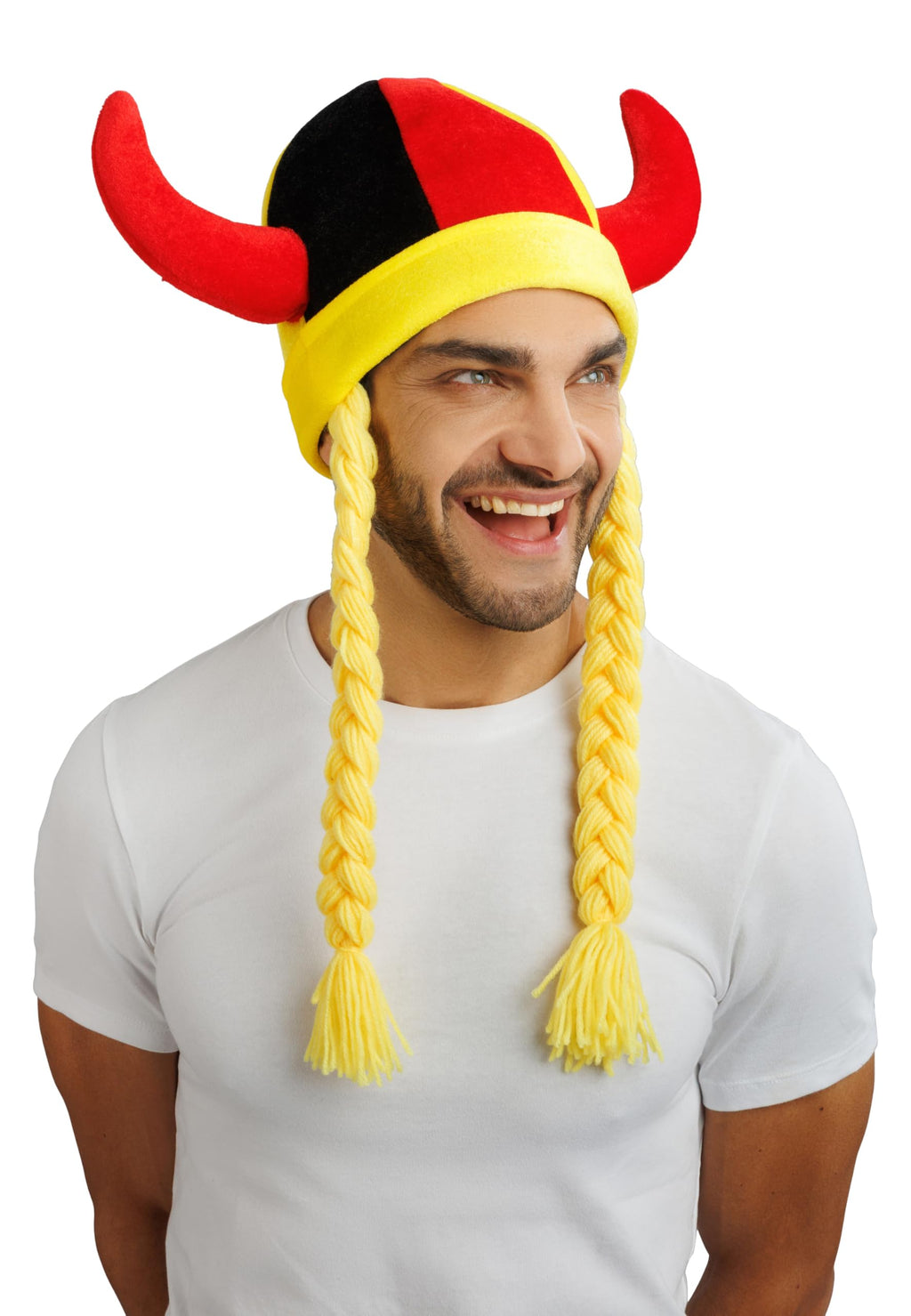 Chaks - Casque avec cornes et tresses, accessoire de déguisement pour supporters, casque en tissu pour tenues de supporters lors de la Coupe du monde, du Championnat d’Europe