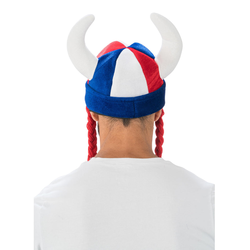 Chaks - Casque avec cornes et tresses, accessoire de déguisement pour supporters, casque en tissu pour tenues de supporters lors de la Coupe du monde, du Championnat d’Europe